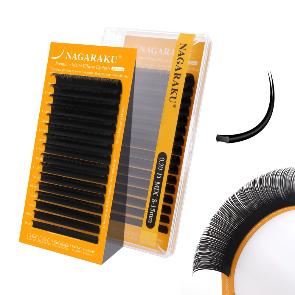 Nagaraku Flat Ellipse Lash, 5Th Gen Air Series Double Tips Eyelash Extensions 0.20Mm D Curl 8-15Mm Mix Length Lighter Thinner Flat Split Tips