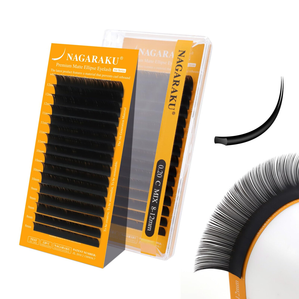 Nagaraku Flat Ellipse Lash, 5Th Gen Air Series Double Tips Eyelash Extensions 0.20Mm C Curl 8-12Mm Mix Length Lighter Thinner Flat Split Tips