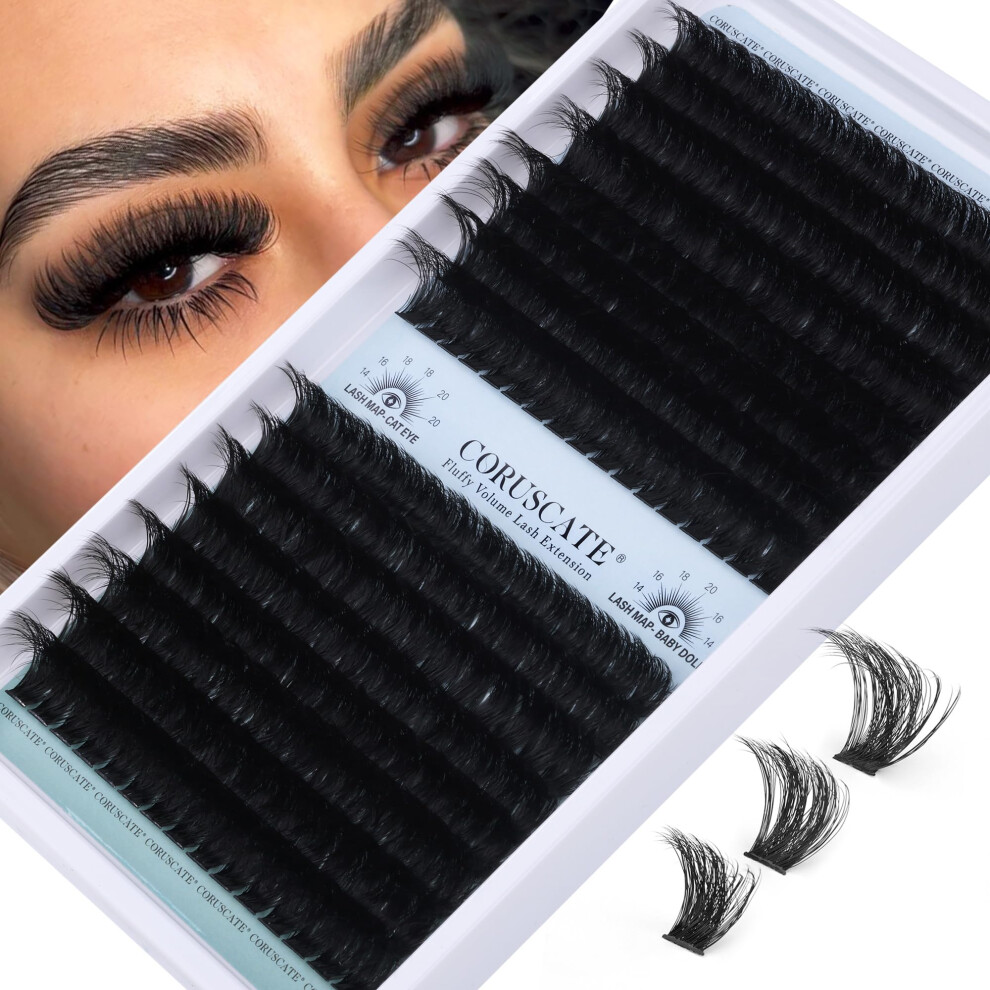 Coruscate Fluffy Cluster Lashes 120D+150D Individual Eyelashes Long 14-20Mm Thick Lash Clusters D Curl Cat Eye Lashes Individual Cluster 256Pcs Eyelash Clusters