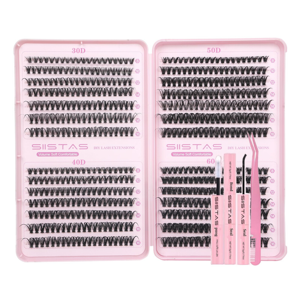 Siistas Cluster Lashes Kit 560Pcs Individual Eyelashes 30D+40D+50D+60D Lash Clusters Kit Natural D Curl Lashes Individual Cluster Eyelashes 8-16Mm Diy Lash