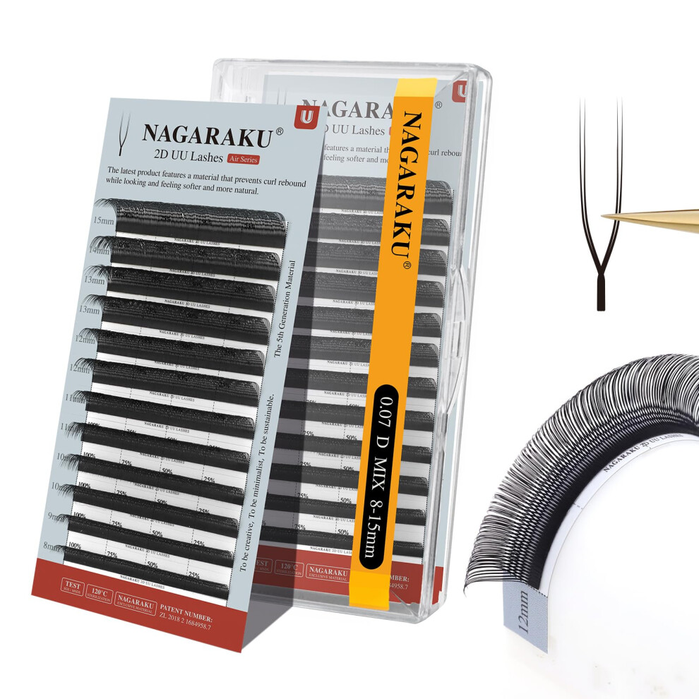 Nagaraku Black 2D Uu Eyelash Extensions 0.07Mm D Curl 8-15Mm Mix Tray Premade U Shaped Natural Volume Cluster Wispies Crisscross Lashes 12-Rows Matte