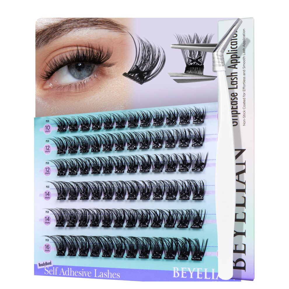 Beyelian Self Adhesive Eyelashes Clusters 120Pcs, Pre Glued Eyelashes D Curl 10-16Mm Press On Lashes With Tweezer, No Glue Needed Diy Lash Cluster