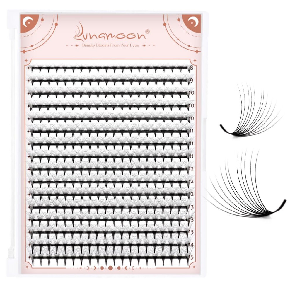 Lunamoon 320Pcs Premade Fans Lashes Eyelash Extension Volume Lashes Prefabricated Fan Eyelashes (12D-0.07-C, 8-15Mm)