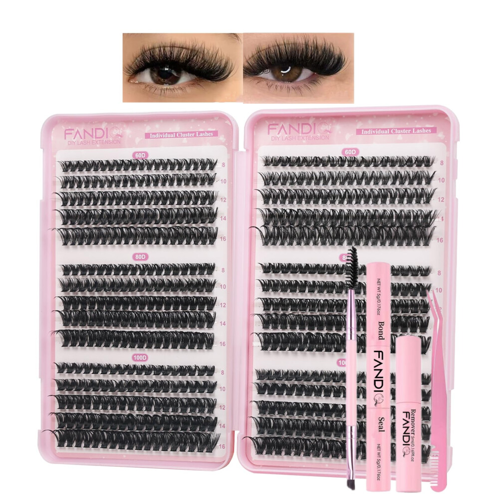 Fandiq Cluster Lashes Kit Wispy Eyelashes Natural Individual Eyelashes 560Pcs Thick Eyelash Extension Kit 60D 80D 100D Diy Eyelash Extension Kit With Lash