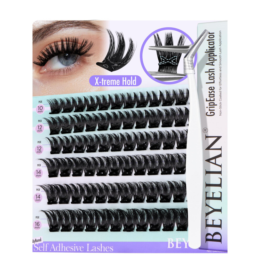Beyelian Self Adhesive Eyelashes Clusters, Pre Glued Lashes Cluster D Curl 10-16Mm Press On Lash, No Glue Needed Wispy Diy Self Stick Cluster