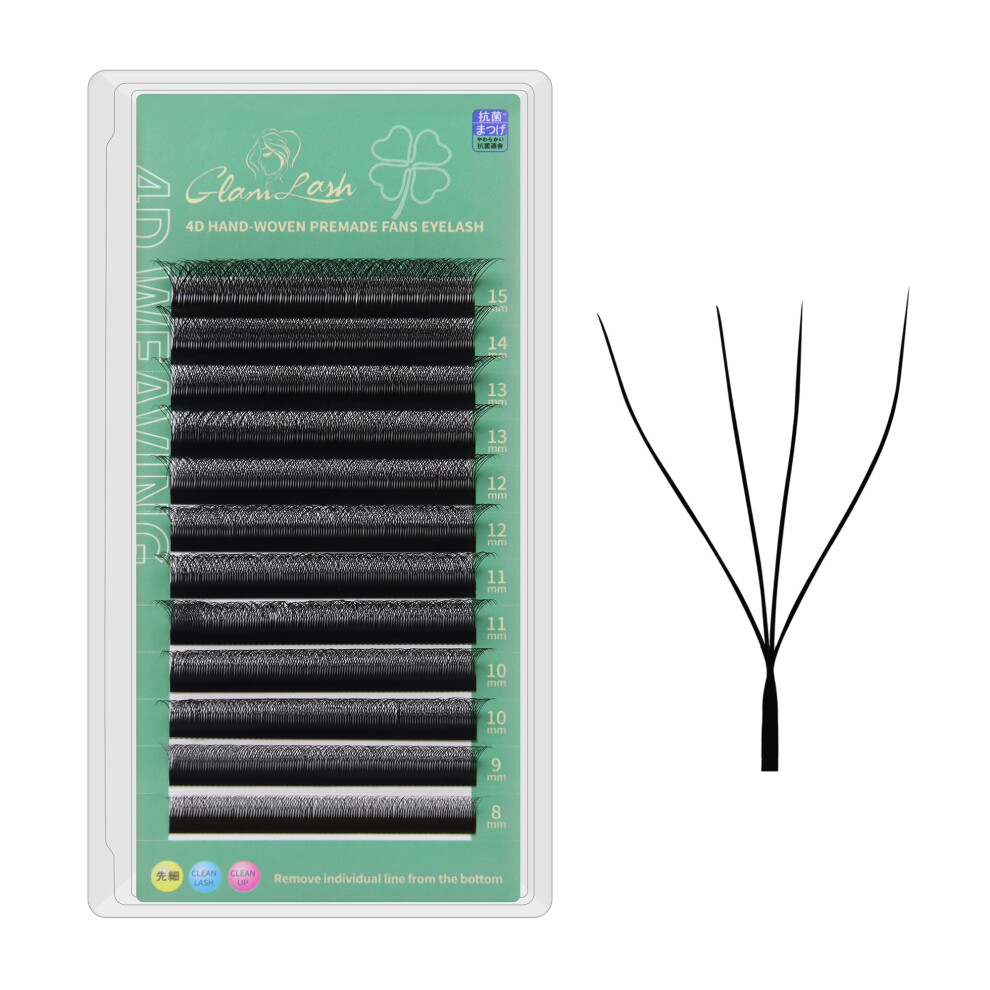 Glamlash 4D W Lash Extensions 0.07 L Curl 8-15Mm Premade Fan Eyelash Professional Salon Use (4D,0.07L,8-15Mm)