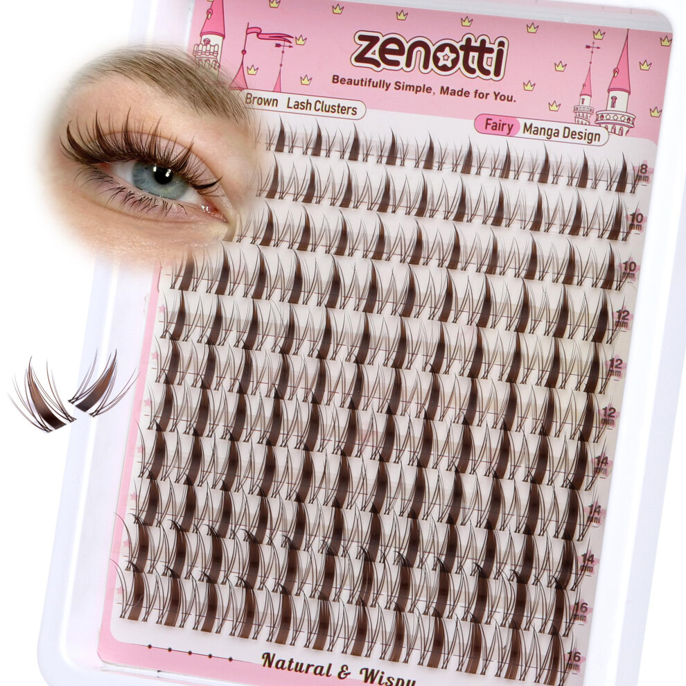Zenotti Brown Lash Clusters Manga Eyelash Clusters Natural Fairy Cluster Eyelash Extensions Wispy Spiky Individual Lashes Invisible Band Diy Anime Lash