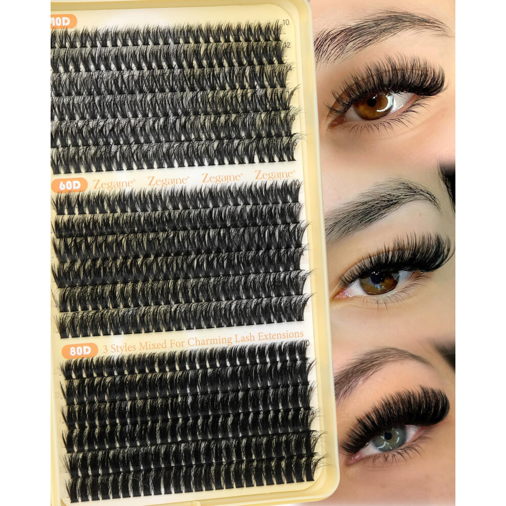Zegaine Wispy Cluster Lashes Natural Individual Eyelashes 432Pcs D Curl Eyelash Clusters Fluffy Lashes Individual Cluster 40D+60D+80D 10-16Mm By