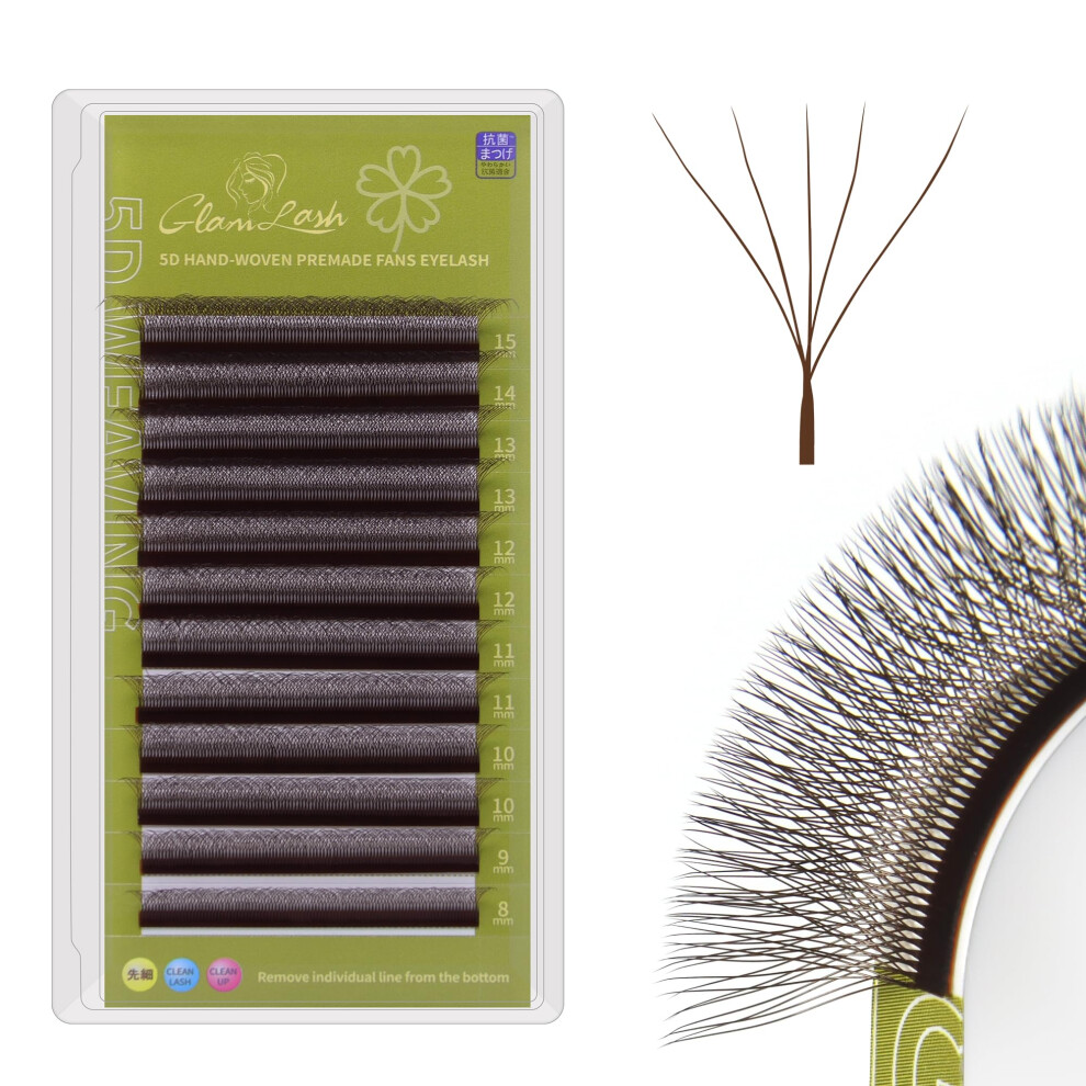 Glamlash Brown 5D W Lash Extension Premade Fan 0.07C Curl 8-15Mm Russian Volume Eyelash For Professional Salon(5D,0.07C,8-15Mm,)