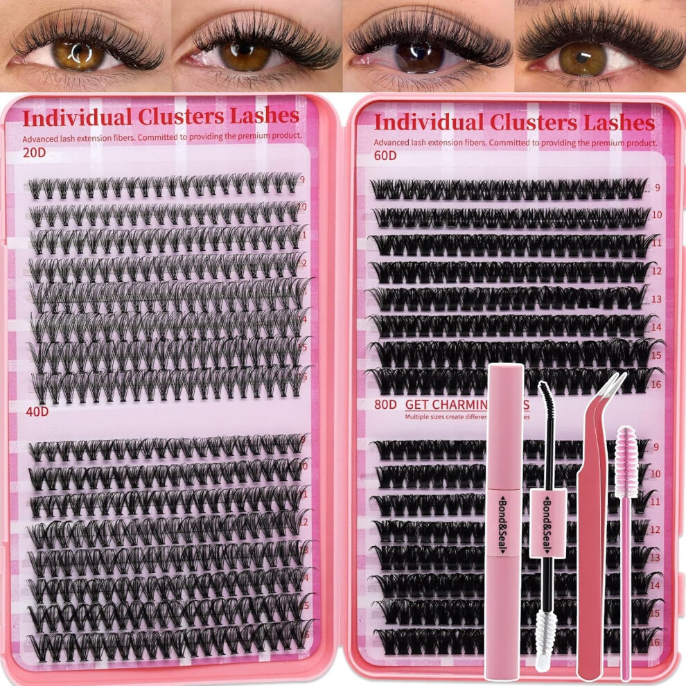 Lashsun Cluster Lashes Kit Eyelash Extensions (20D+40D+60D+80D Kit,9-16Mm)