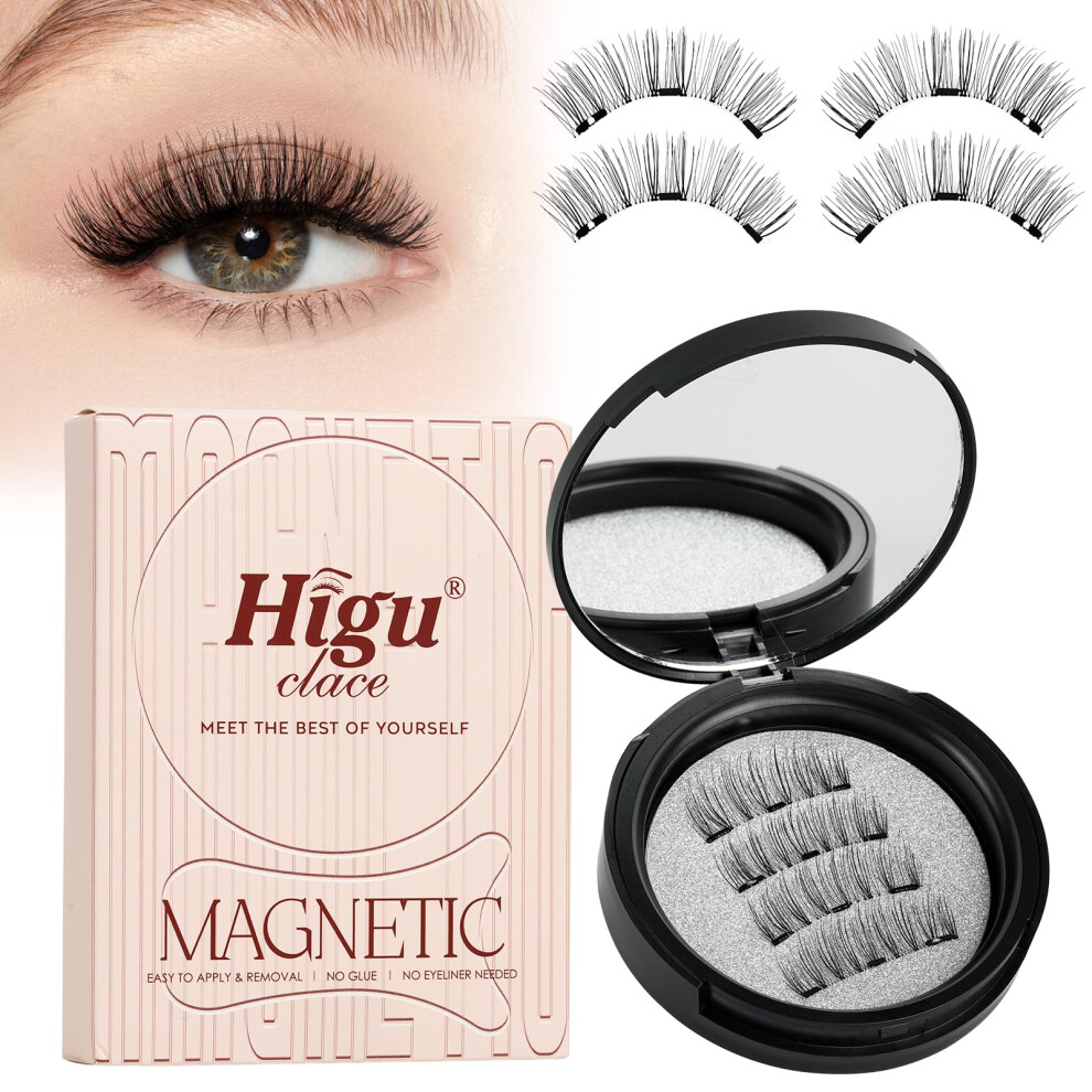 Higu Clace Magnetic-Eyelashes With Applicator, Magnetic-Lashes No Glue Or Eyeliner Needed, 4 Pieces Reusable Eye Lash Kit Natural Look, False Eyelash