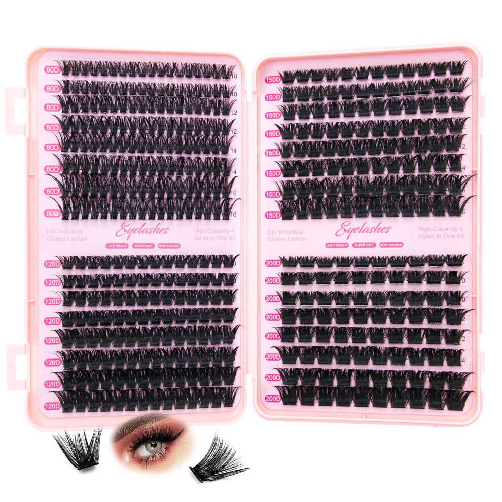 Doineufl Individual Eyelashes 640Pcs, 80+120+150+200D Clusters Lashes, 9-16Mm Diy Eyelash Extension