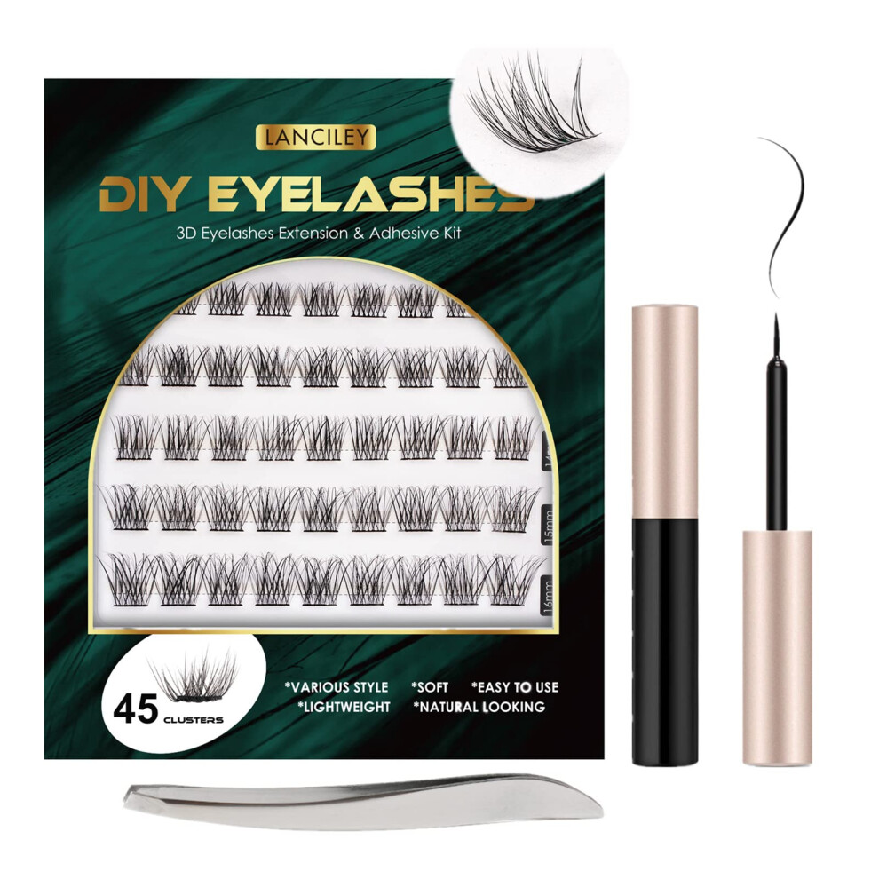 Lanciley Individual Lashes 45 Clusters Lashes Diy Eyelash Extension Kit At Home For Make-Up Beginner False Eyelashes With Eyelash Glue Tweezers