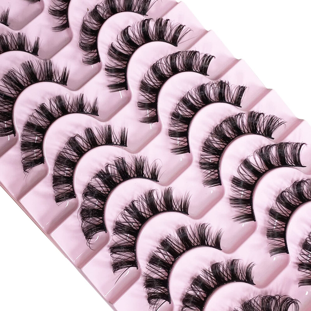 Cnmtcco False Eyelashes 10 Pairs Russian Strip Lashes Natural Fluffy Wispy D Curly Faux Mink Lashes Thick Short Soft Eyes Lash Reusable Fake Eyelashes