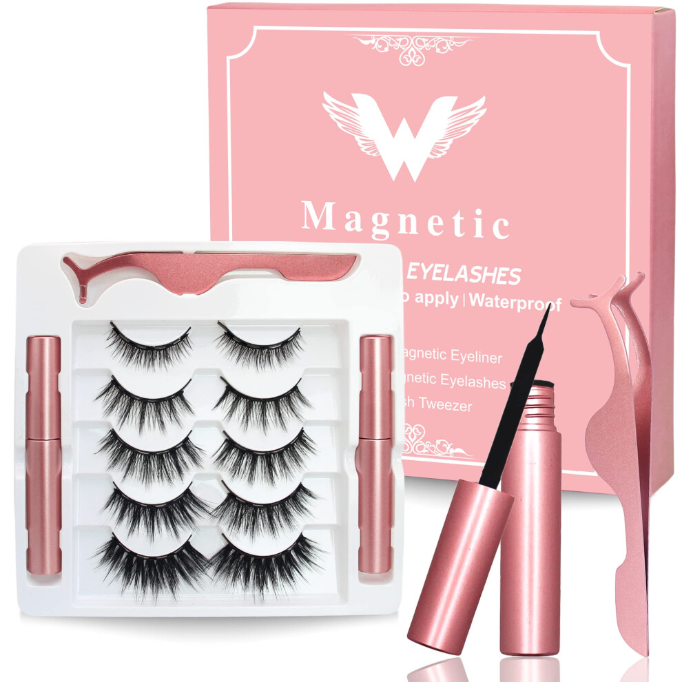 Worcax Magnetic Eyelashes, Eye Lashes With 5 Pairs Of Magnetic Lashes - 2 Tubes Of Magnetic Eyeliner, Reusable Magnetic Eyelashes With Tweezer, No Glue