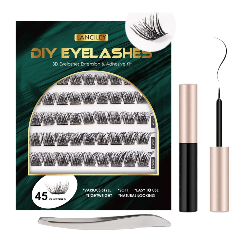 Lanciley Individual Lashes 45 Clusters Lashes Diy Eyelash Extension Kit At Home For Make-Up Beginner False Eyelashes With Eyelash Glue Tweezers