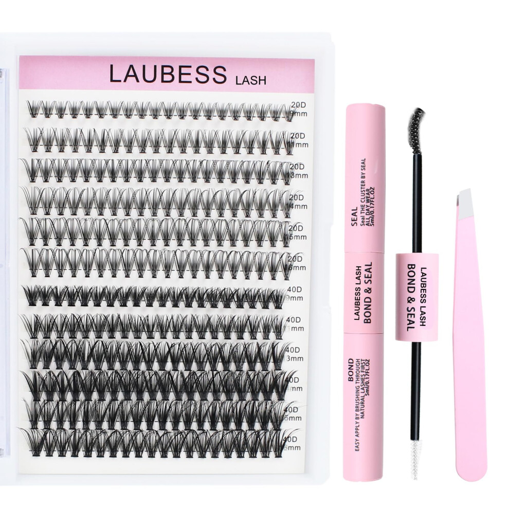 Laubess Lash Extension Kit 240 Pcs Cluster Lashes Kit Individual Lashes With Bond And Seal & Eyelash Tweezers Eyelash Extension Kit Lash Clusters (Set
