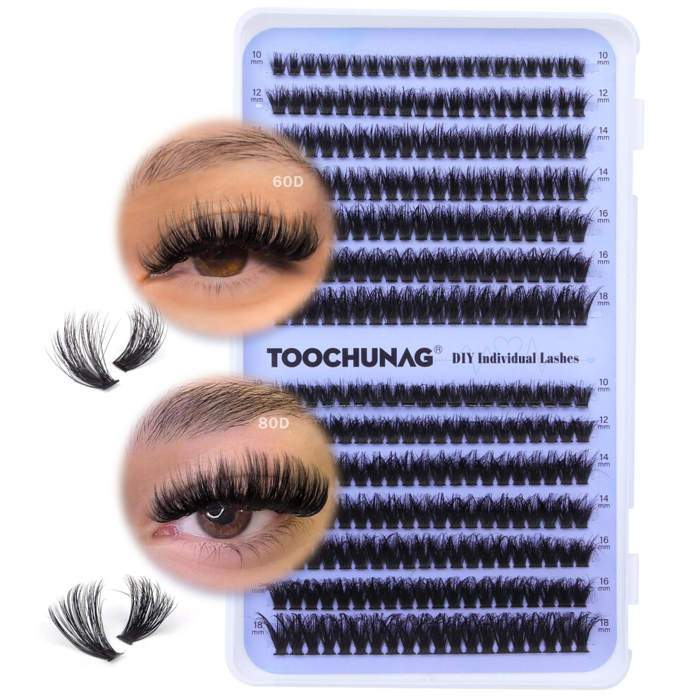 Toochunag Fluffy Cluster Lashes 60D+80D Thick Individual Eyelashes D Curl Wispy Lash Clusters Individual 10-18Mm Russian Eyelash Extension 280Pcs Fake Eyelash