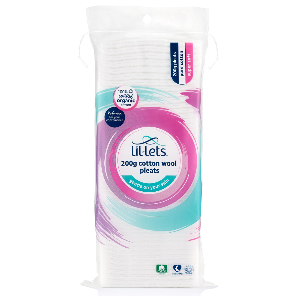 Lil-Lets Cotton Wool Pleats, 200G, Certified Organic, 100% Pure Cotton Wool, Soft And Absorbent, Gentle On Skin, Dermatologically Tested