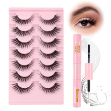 Glowing Win Cat Eye Lashes Natural Look False Eyelashes with Glue 7 Pairs Faux Mink Fluffy Lashes with 2 in 1 Bond&Remover Clear Band Wispy Fake