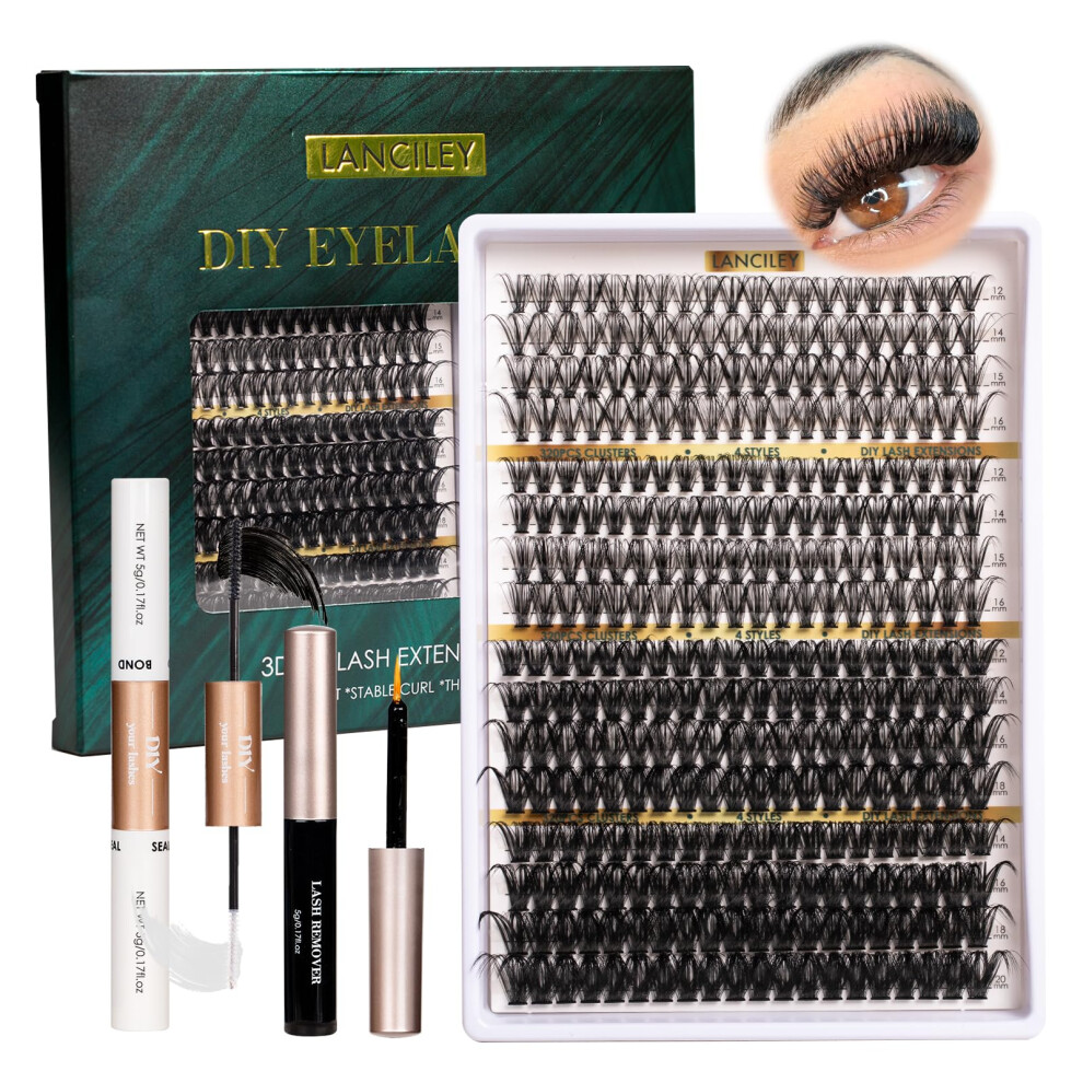 Lanciley Cluster Lashes 320Pcs Volume Individual Eyelashes 30D+40D+80D+100D Lash Extension Kit 12-20Mm Natural Lash Clusters Diy Eyelash Extension Kit With