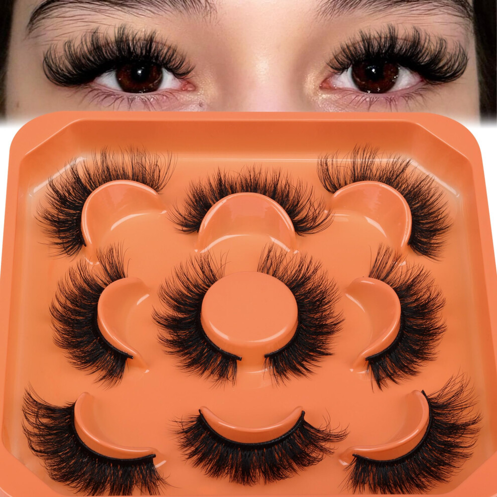 Zegaine Fluffy False Eyelashes Cat Eye Faux Mink Lashes Strips 6D Thick Volume Fake Eyelashes Strips 18Mm Wispy Lashes Long Mink Eyelashes 5 Pairs By