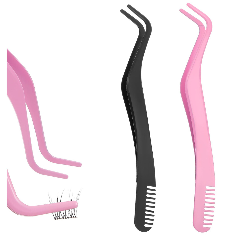 Photos - Makeup Brush / Sponge Lash Applicator Tool, 2 Pcs Eyelash Tweezers with Comb for Cluster Lashes, Curved Stainless Steel Eyelash Applicator Tool fo