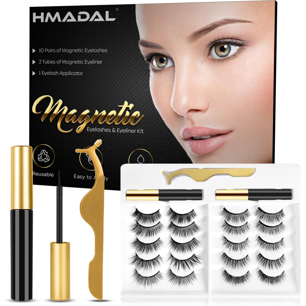 Hmadal 10 Pairs Magnetic Eyelashes Reusable Lashes With Applicator Natural Look | 2 Magnetic Eyeliner No Glue Needed | Magnetic Lashes With Tweezer, Natural