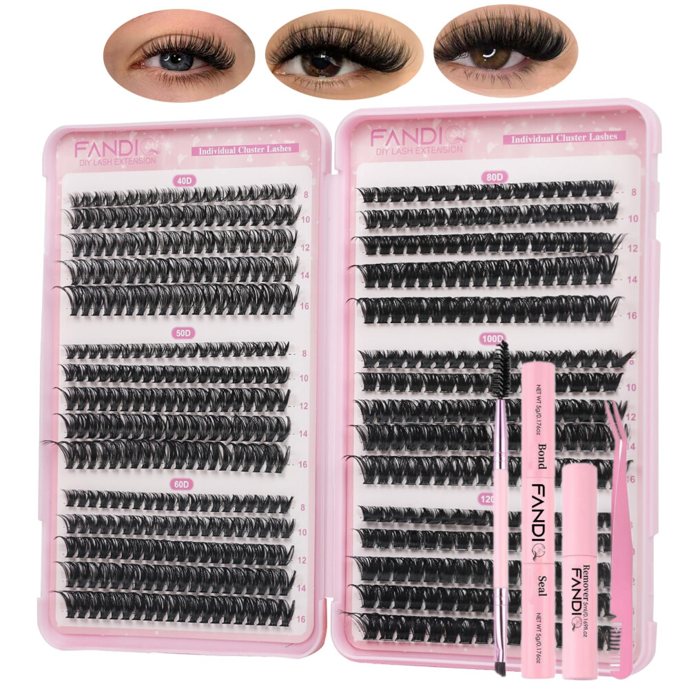 Fandiq Cluster Lashes Kit With Lash Glue&Remover 40D+50D+60D+80D+100D+120D Fluffy Volume 560Pcs Individual Eyelashes Kit 8-16Mm Diy Eyelash Extension