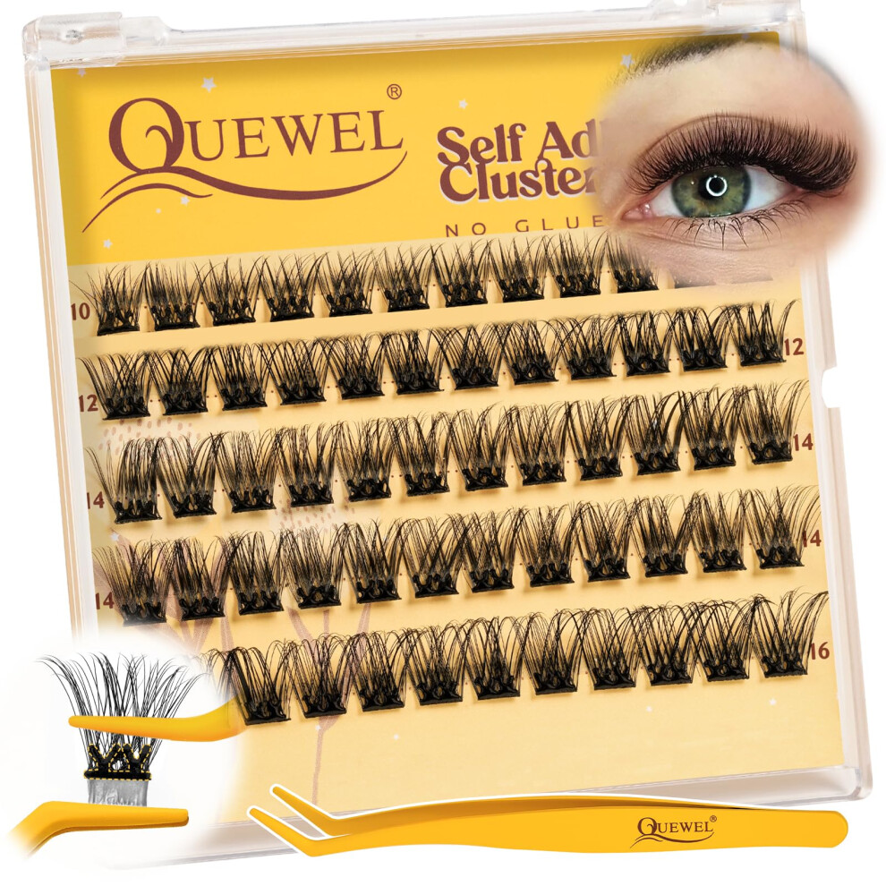 Quewel Pre-Glued-Eyelashes Cluster Kit Natural Lash Clusters, D Curve Pre Glued Cluster Lashes, Strong Hold 10-16Mm No Glue Needed Self Adhesive
