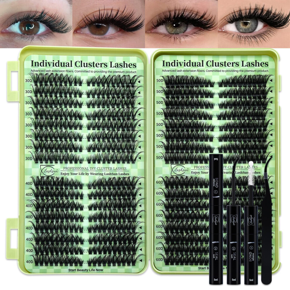 Lashsun Lash Clusters Kit Wispy Eyelash Clusters Kit Cat Eye Lashes Volume Cluster Eyelash Extensions Cluster Lashes With Lash Bond And Seal,Lash Tweezers(Cat