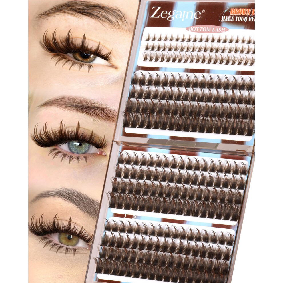 Zegaine Brown/Dark Cluster Lashes With Spikes Individual Eyelashes Manga Lashes With Bottom Lash Clusters Eyelash D Curl Clusters Wispy Lashes