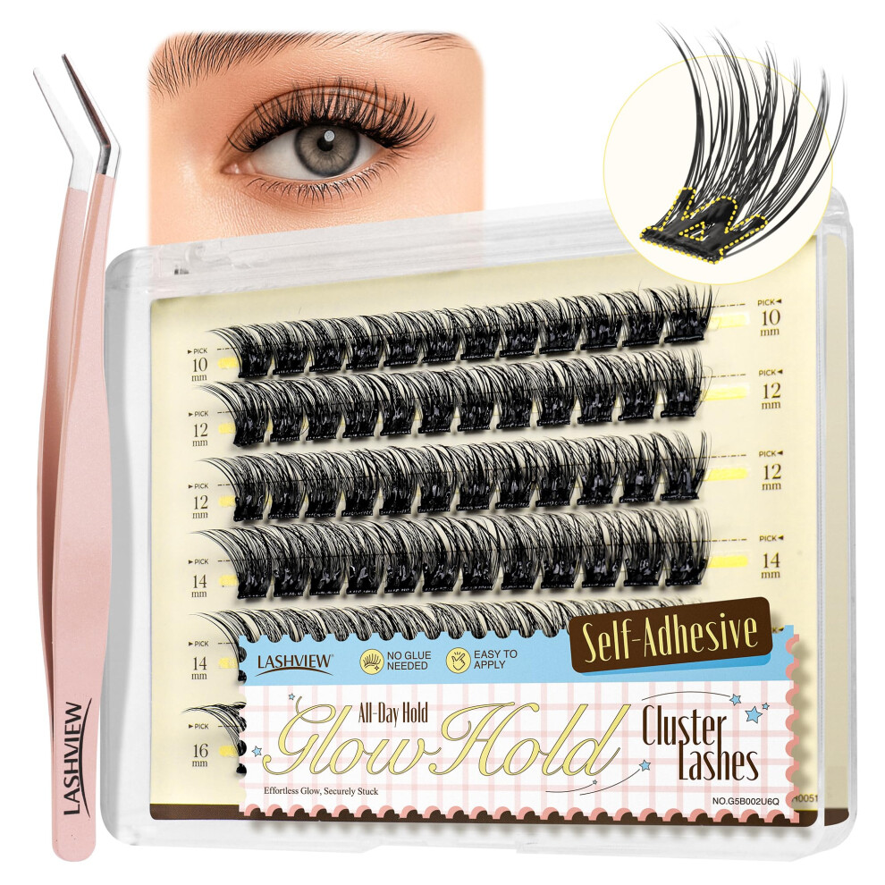 Lashview Pre Glued Cluster Lashes Self Adhesive Eyelashes No Glue Needed 72Pcs D Curl Reusable Pre Glued Eyelashes Wispy Cluster Lashes Kit With