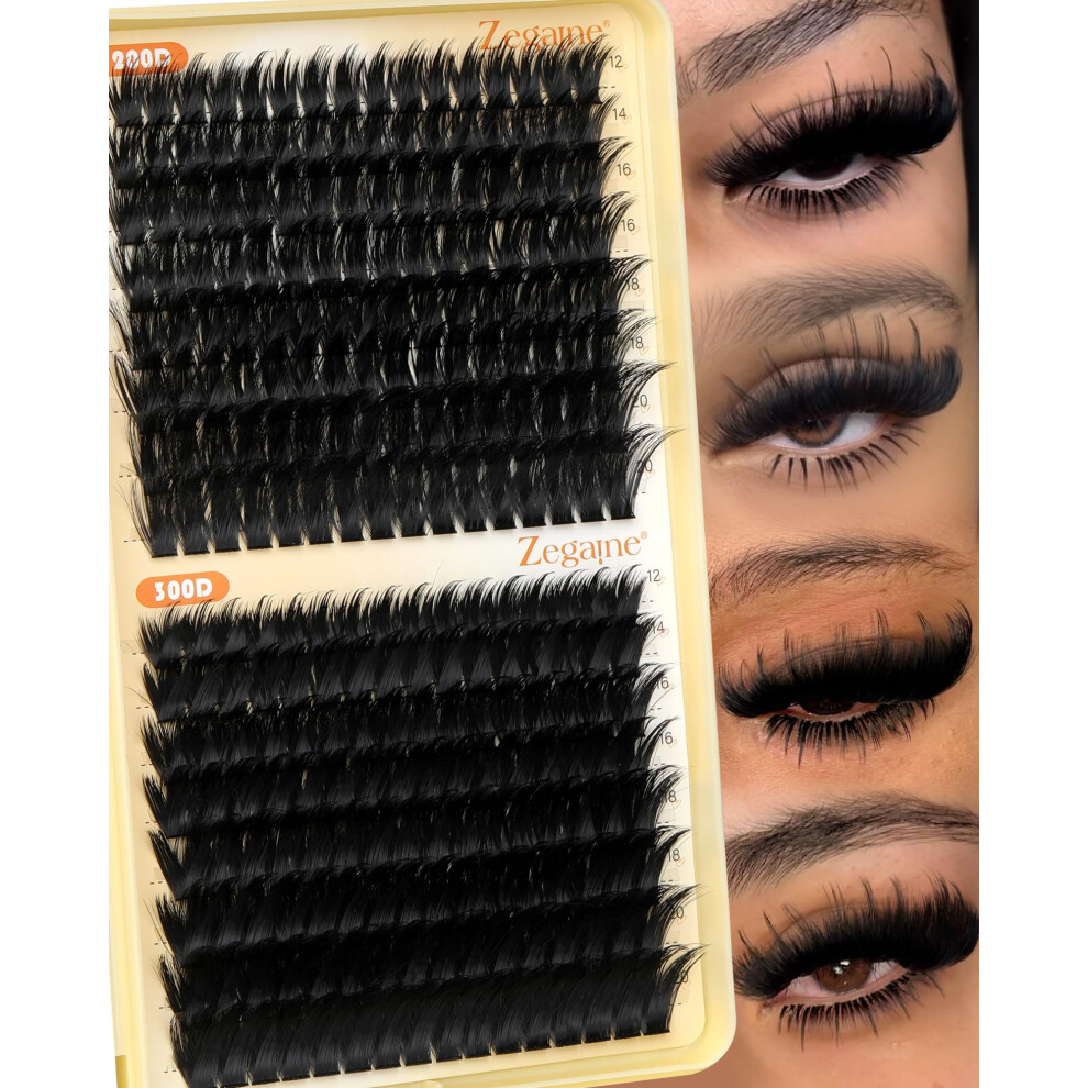 Zegaine Cluster Lashes 200D+300D Individual Eyelashes With Spikes 12-20Mm Long Lashes Individual Cluster Thick Eyelash Clusters D Curl Fluffy Lash