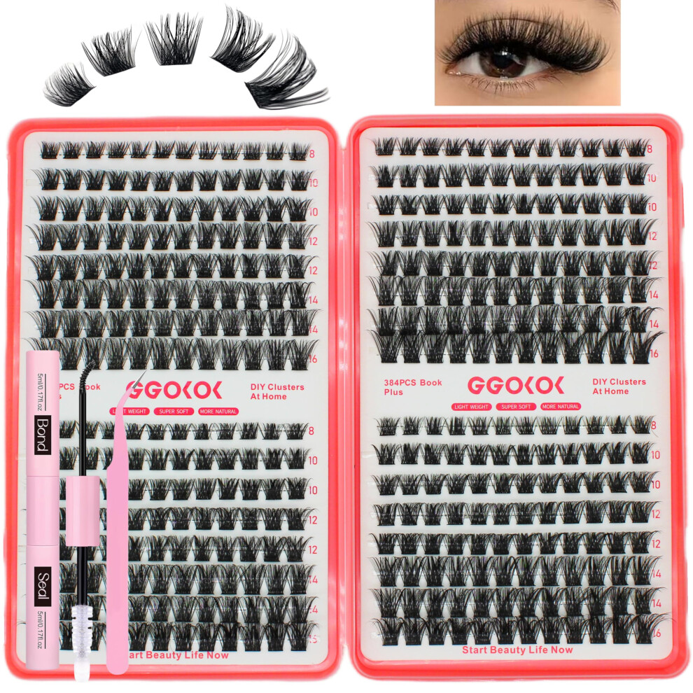 Ggokok Lash Clusters Wispy 384Pcs Eyelash Clusters 8-16Mm Cluster Eyelash Extensions Natural Volume Lash Bond And Seal Tweezer Diy Individual Lashes
