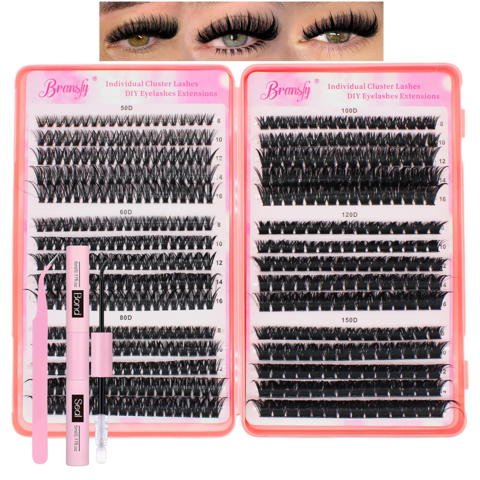 Bransfy Lash Clusters Kit 50D 60D 80D 100D 120D 150D Eyelashes Clusters Kit 8-16Mm Individual Lash Extension Kit D Curl Fluffy False Eyelashes With
