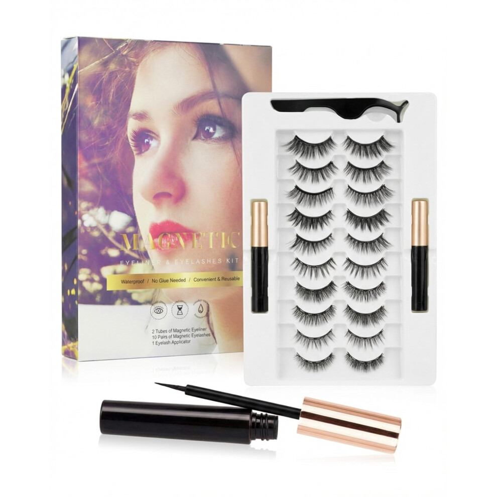 Pangbaylov Magnetic Eyelashes With Eyeliner, 10 Pairs Of Reusable Eye Lashes With 2 Tubes Magnetic Eyeliner, Natural Reusable Magnetic Fake Eyelashes With