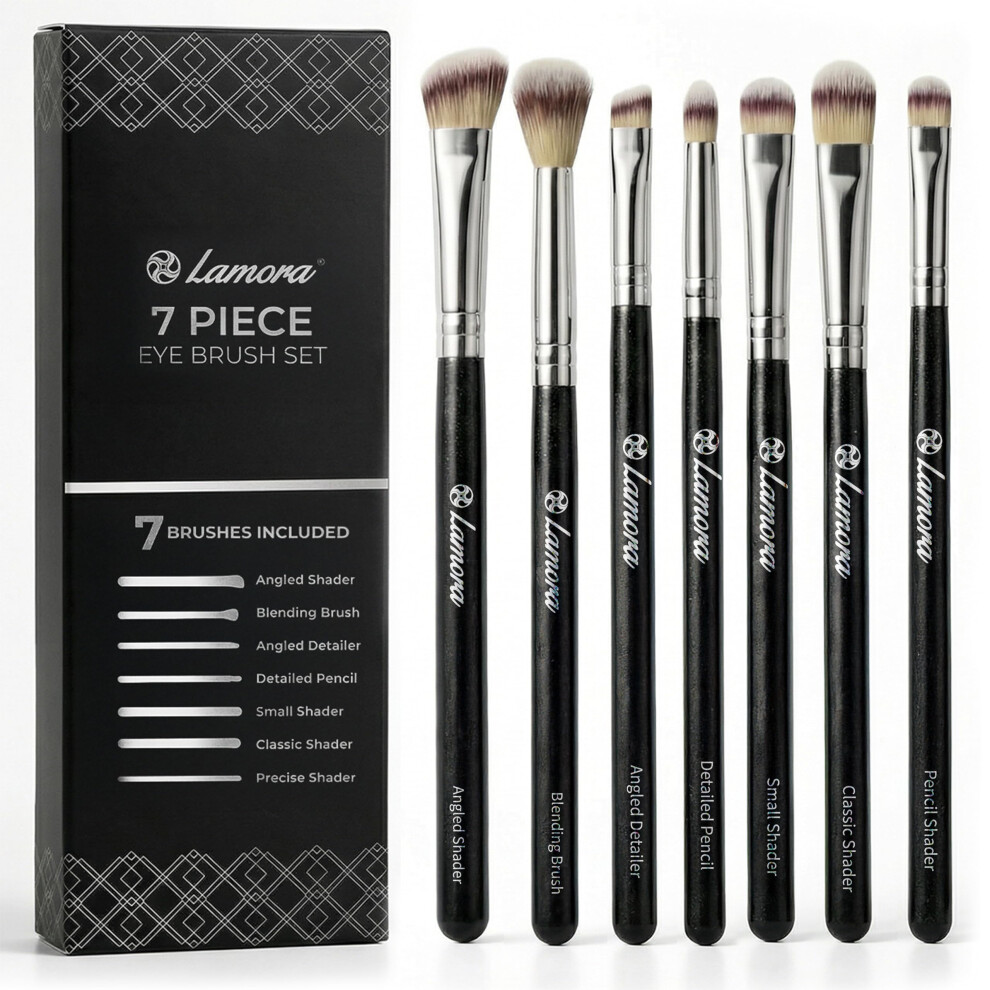 Lamora Make Up Eye Brush Set - Eyeshadow Eyeliner Blending Crease Kit - Best Choice 7 Piece Essentials - Pencil, Shader, Tapered, Definer - Vegan Synthetic