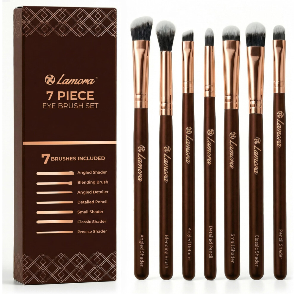Lamora Make Up Eye Brushes Set - Eyeshadow Eyeliner Blending Crease Kit - Best Choice 7 Piece Essentials - Pencil, Shader, Tapered, Definer - Vegan Synthetic
