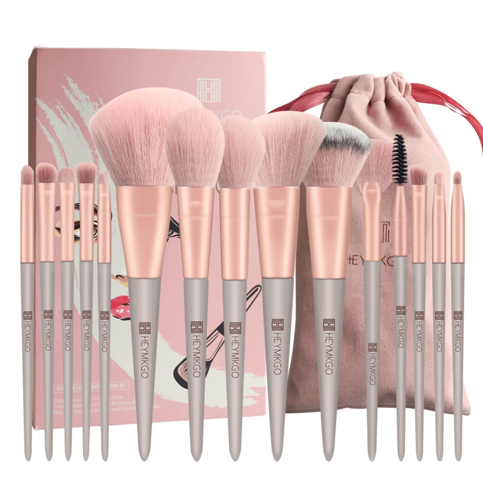 Heymkgo Green Makeup Brushes 15Pcs Premium Synthetic Bristles Conical Handle Kabuki Foundation Brush Makeup Sets Professional Portable Flannel Bag