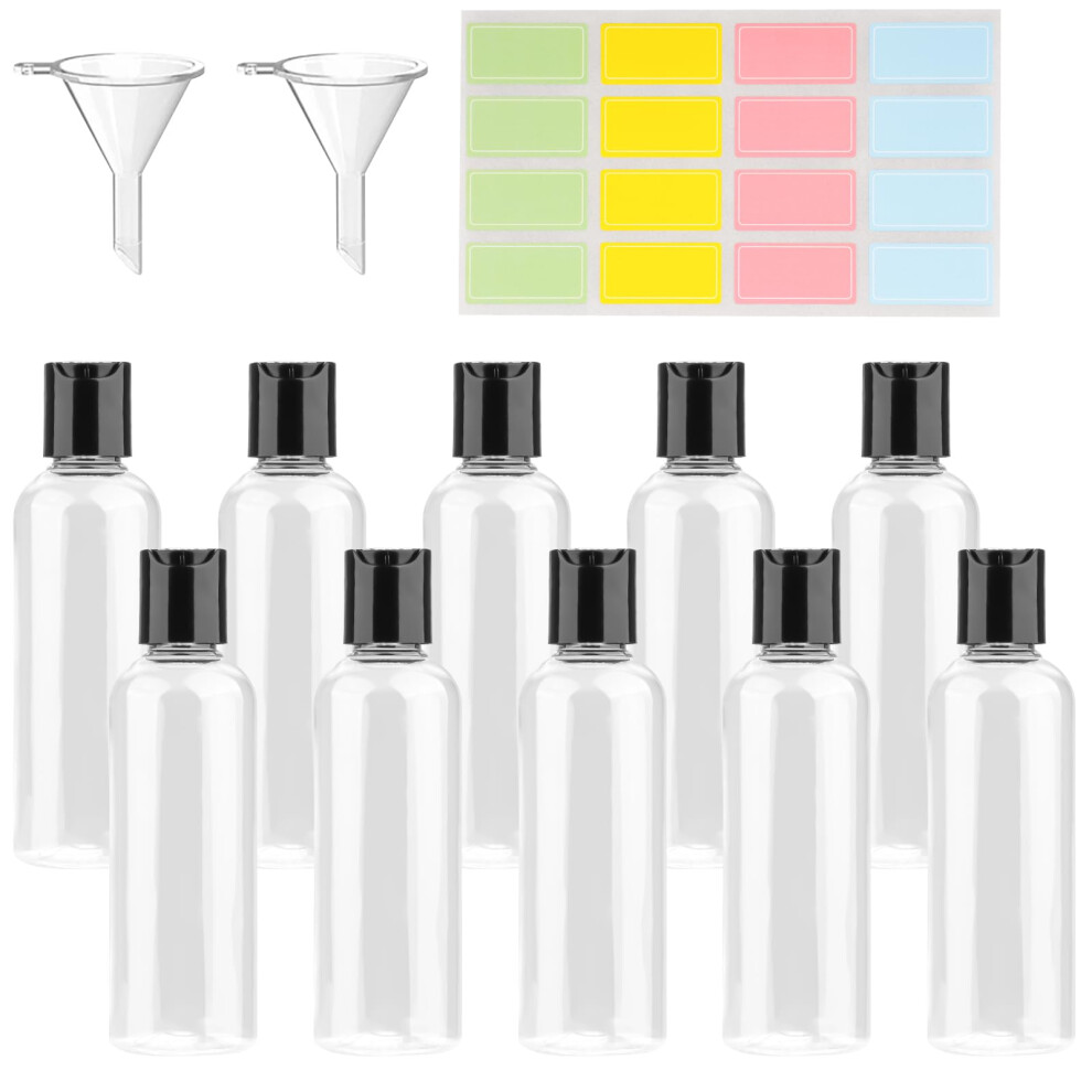 Rietegio 10Pcs 100Ml Plastic Bottles Clear Mini Travel Containers With 2 Funnels And Colorful Labels Squeezable Refillable Travel Bottles For
