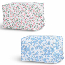 2PCS Floral Makeup Bag, Travel Cosmetic Bag for Women Girls, Quilted Makeup Pouch with Zipper Closure Cute Make up Bags Portable Toiletry Bags