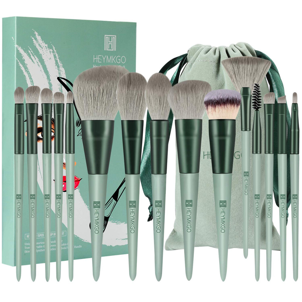 Heymkgo Green Makeup Brushes 15Pcs Premium Synthetic Bristles Conical Handle Kabuki Foundation Brush Makeup Sets Professional Portable Flannel Bag