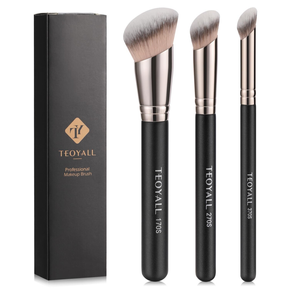 Teoyall Cream Foundation Contour Conceal Brush Set, 3Pcs Angled Synthetic Kabuki Brush For Blending Setting Buffing With Liquid, And Powder Cosmetic