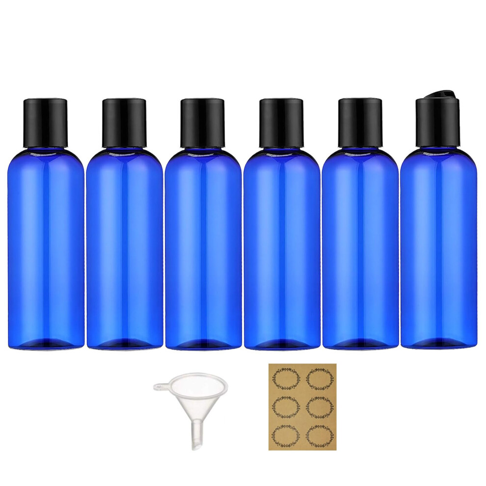 Apstaqeoo Blue 6Pcs 100Ml Plastic Bottles With Disc Top Flip Cap Empty Squeeze Bottle Refillable Travel Container Dispenser With 1 Funnel & 6 Label Tsa