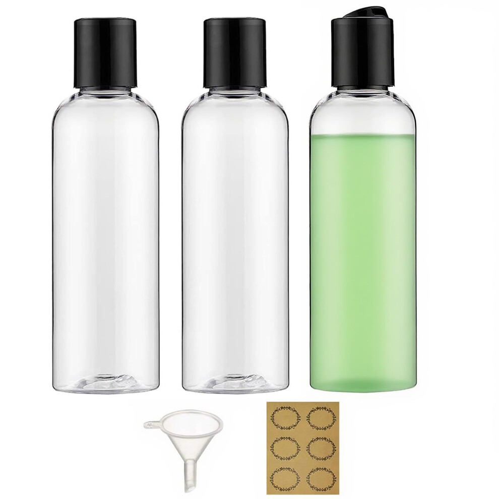 Apstaqeoo 3Pcs 200Ml Plastic Bottles With Disc Top Flip Cap Empty Squeeze Bottles Clear Refillable Travel Container Dispensing With Funnel & Label For