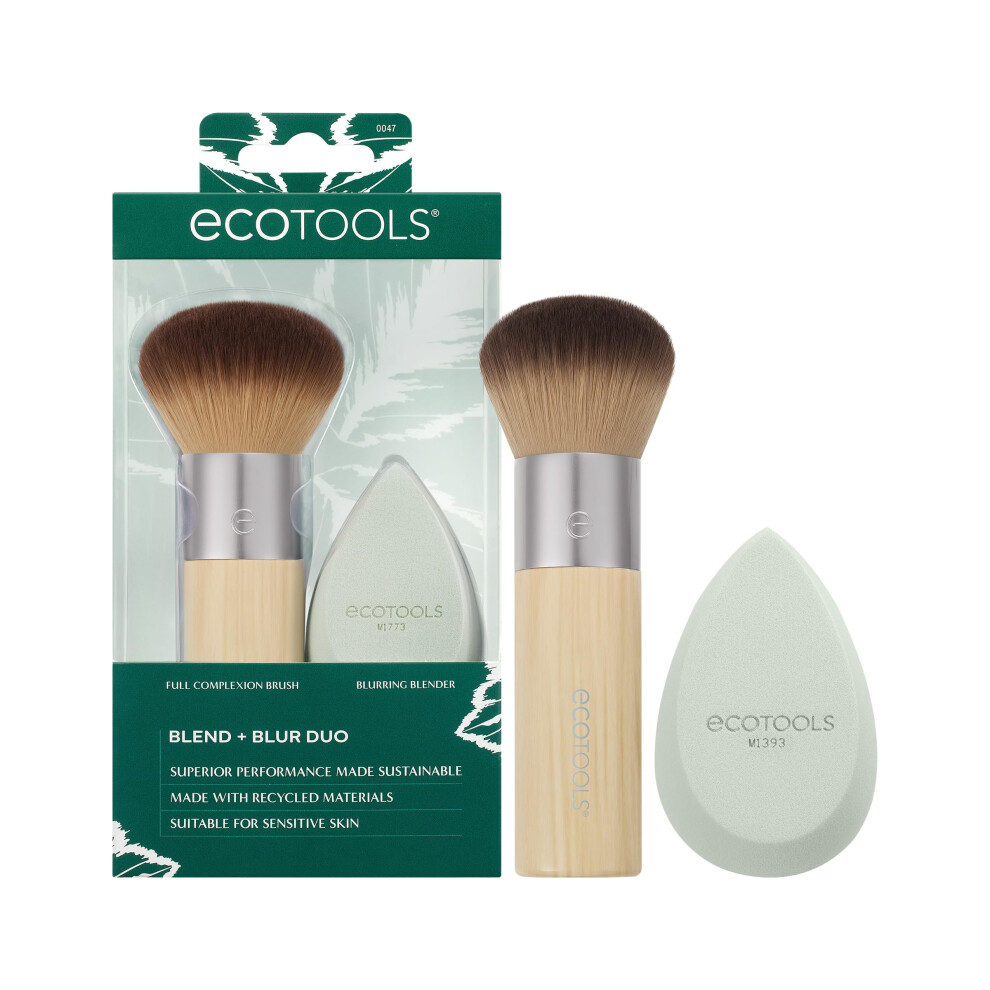 Ecotools Cream Blend + Blur Makeup Brush And Sponge Duo, Makeup Blending Sponge & Foundation Brush, For Liquid & Products, Cloud Skin, Eco Friendly,
