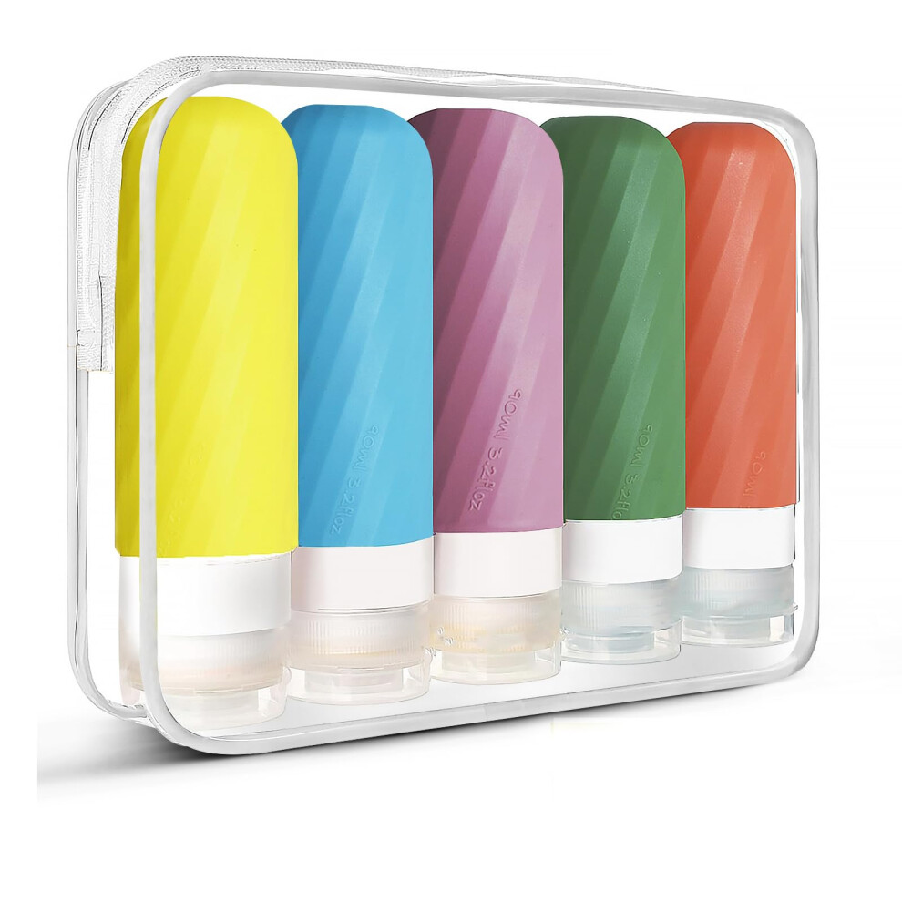 Laxen 5 Pack Travel Bottles For Toiletries With Labels, 100Ml Silicone Travel Bottles Set With Clear Zipper Toiletry Bag, Leakproof Refillable Squeeze