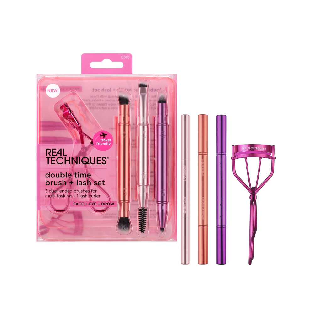 Real Techniques Double Time Brush + Lash 4 Piece Set, Dual-Ended Eye Makeup Brushes For Eyeshadow & Brows, Travel-Friendly Brush Caps For Storage,