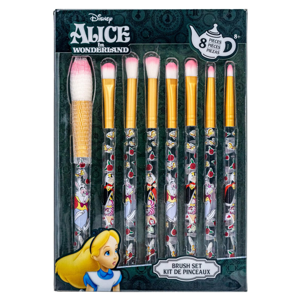 Townley Girl Disney Alice In Wonderland 8-Piece Makeup Brushes Set For Eyeshadow, Highlighter, Blush, Soft Hairs, Makeup Kit For Girls 8+, By